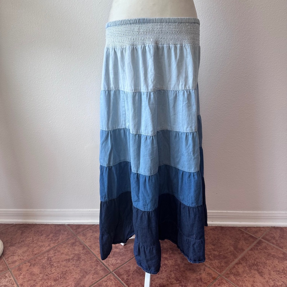 Boho Western Colorblock Tiered Ombre Chambray Maxi Skirt Women Large Blue